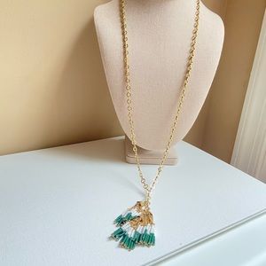 J. Crew glass bead tassel necklace on long goldtone chain in green and white